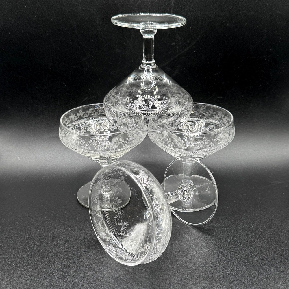 Antique 1920s Needle Etched Champagne Coupes Set 4 UV Manganese Art Deco